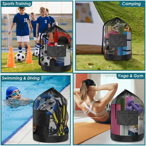 Miniatura 5 de BROTOU Bolsa de red para pelota de fútbol extragrande, bolsa de malla con cordón de 40 x 30 pulgadas con bolsillo con cremallera, bolsa