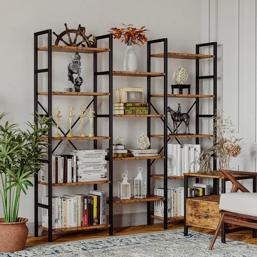 Miniatura 8 de IRONCK Librerías y estanterías de triple ancho de 5 niveles, estantería industrial grande, estantes abiertos con marco de metal para sala de estar