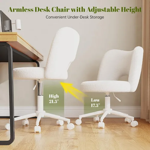 Miniatura 7 de DurayLoly Silla de Tocador con Ruedas Sin Brazos, Silla de Tocador Blanca con Respaldo, Silla de Escritorio Ultra-Suave de Felpa Linda, Silla