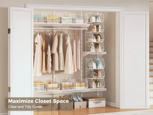 Miniatura 7 de Organizador de armario colgante plegable extra profundo de 4", estantes pequeños de alambre para gabinete y almacenamiento con 5 ganchos en S, Blanco
