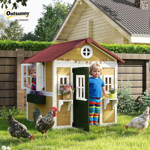 Miniatura 2 de Outsunny - Casa de juegos para niños al aire libre, casa de juegos de madera con puerta holandesa, ventanas, soportes para flores y cajas para niños