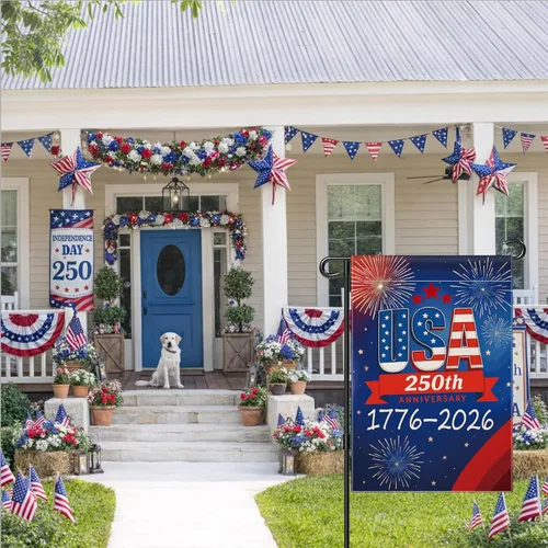 Miniatura 9 de Bandera de jardín con el 250 aniversario de Estados Unidos, bandera de Estados Unidos del 250 aniversario 1776-2026, bandera patriótica Azul
