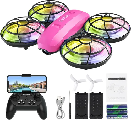 Swifsen Mini dron para niños con cámara y posicionamiento de flujo óptico - Mini cuadricóptero RC con protección completa, 2 baterías modulares,