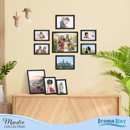 Miniatura 6 de Icona Bay Juego de marcos de fotos negros combinados, 10 unidades (cinco de 4 x 6, tres de 5 x 7, dos de 8 x 10), estilo contemporáneo y elegante