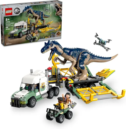 LEGO Jurassic World Dinosaur Missions: Allosaurus - Camión de transporte de juguete, divertida idea de regalo para niños con minifiguras Kenji,
