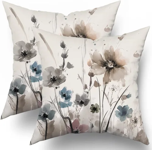 Miniatura 12 de Sweetshow Juego de 2 fundas de almohada con estampado floral de rosas rosadas de 18 x 18 pulgadas, diseño vintage de hojas y abejas, arte moderno