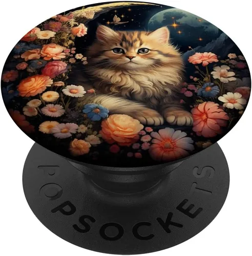 Lindo gato floral jardín flores celestial luna creciente estrellas PopSockets estándar PopGrip
