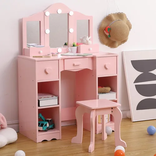 Miniatura 11 de GarveeHome Tocador para niños con luces, gabinete de almacenamiento y espejo plegable desmontable con luz táctil, juego de mesa y silla para niños
