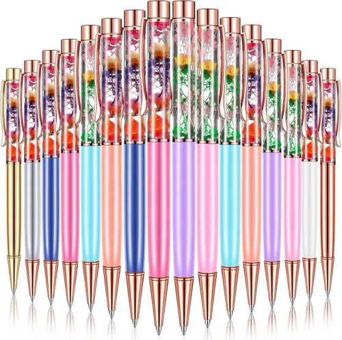HESTYA - 16 piezas de bolígrafos de glitter con cristales brillantes, bolígrafos de arena líquida dinámica y repuestos, tinta negra metálica con