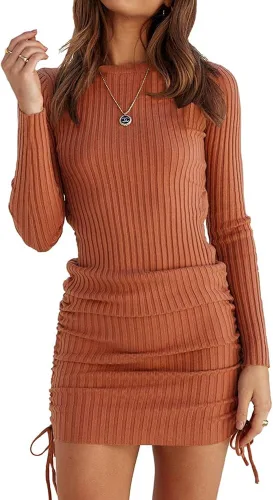 OWIN Vestido corto de manga larga para mujer de punto acanalado casual con cordón fruncido para otoño