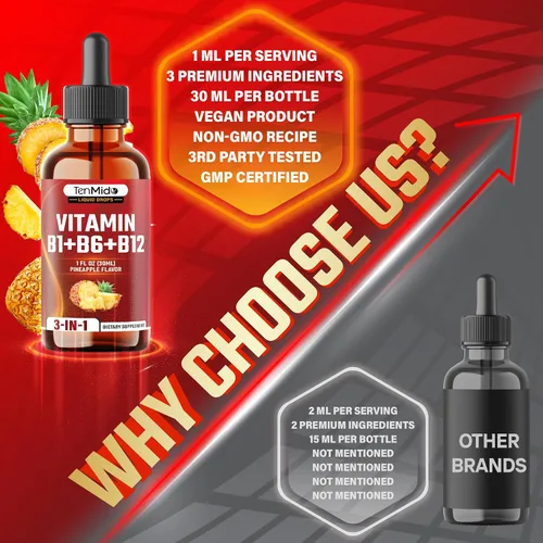 Miniatura 6 de Gotas líquidas de complejo de vitamina B 3 en 1 para mujeres y hombres, con tiamina B1, piridoxina B6, metilcobalamina B12, sin alcohol, sin OMG, 1