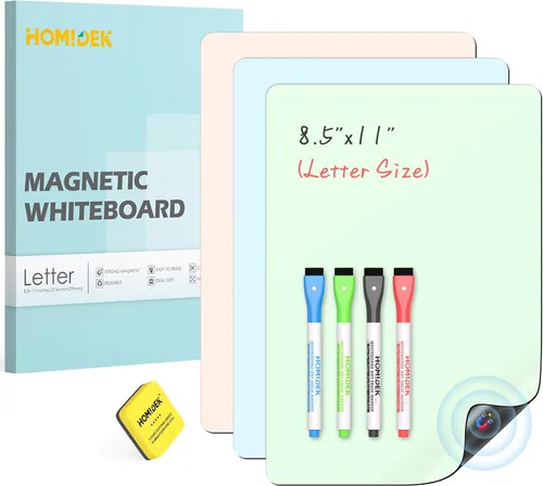HOMiDEK Pizarra magnética de borrado en seco, hoja de pizarra blanca magnética para refrigerador de 3 colores con 4 marcadores y 1 borrador, pizarra
