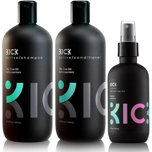 Kick Champú + acondicionador + espray de sal marina estilo esencial paquete de alto rendimiento anticaspa limpia/acondicionador para cabello