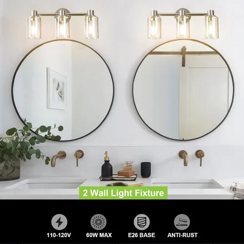Miniatura 4 de Lámpara de pared de baño de 3 luces cromadas con luces de vidrio transparente sobre espejo, base E26 Cromo
