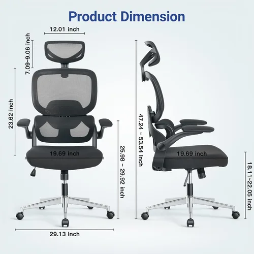 Miniatura 3 de HYLONE Silla de oficina ergonómica con asiento y respaldo de malla completa, silla de escritorio de malla con respaldo alto con base de aluminio