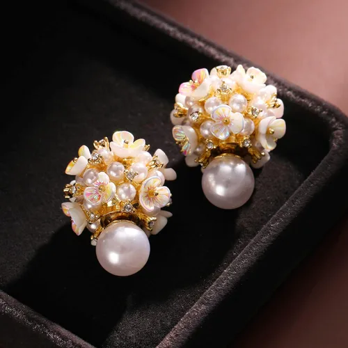Miniatura 6 de Aretes de bola de flor de perlas, aretes de bola blanca para mujeres y niñas, Zinc, Perla