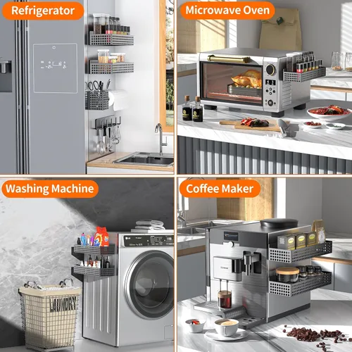 Miniatura 6 de Estante magnético para especias para refrigerador de 2 niveles y soporte para toallas de papel y soporte para utensilios, organizador magnético