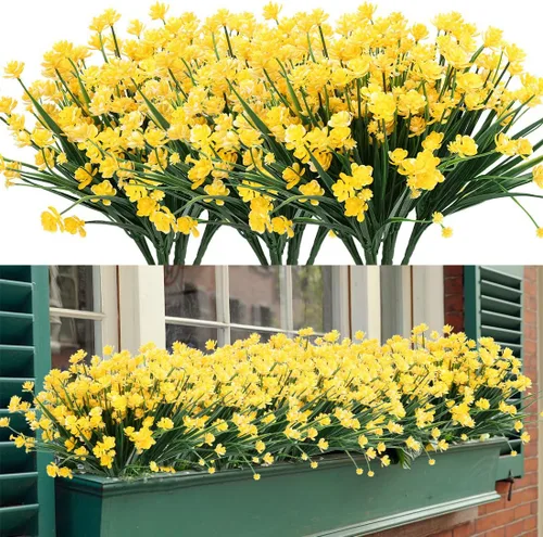 Miniatura 12 de 4 paquetes de flores artificiales, vegetación artificial falsa, resistente a los rayos UV, no se decolora, plantas de plástico sintético para ramo