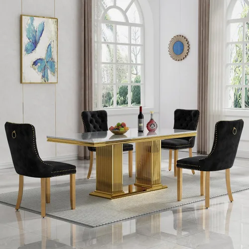 Miniatura 24 de HomVent Juego de mesa de comedor moderna de mármol sintético para 4 personas, mesa de cocina rectangular con 4 sillas beige (dorado)