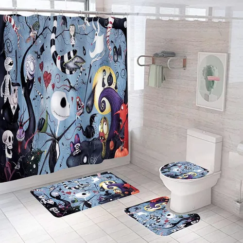 Miniatura 30 de Juego de 4 cortinas de ducha de Navidad para niños, decoración de Halloween con 12 ganchos de cortina para baño, impermeable, 71 x 71 pulgadas (D13)
