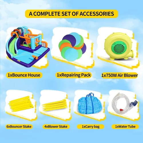 Miniatura 4 de Casa inflable de rebote de tobogán acuático para niños, casa inflable para patio trasero con tobogán acuático para regalo (ventilador incluido)