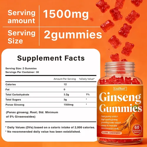 Miniatura 6 de Gomitas de ginseng asiático, raíz de ginseng rojo Panax para hombres y mujeres, energía, memoria e inmunidad, 1500 mg, 60 masticables con sabor a