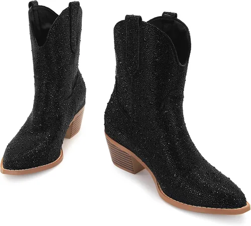 Miniatura 3 de SOVANYOU - Botas de cowboy con tachuelas para mujer, puntera en forma de almendra, tacón de bloque brillante, botas de vaquera con tachuelas