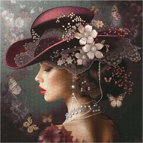 Miniatura 2 de Elegante rompecabezas victoriano de 1000 piezas para adultos, mujer vintage con sombrero rojo, perlas, flores y mariposas, rompecabezas de arte