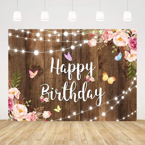 Miniatura 2 de MEHOFOND Telón de fondo rosa floral de feliz cumpleaños, acuarela, mariposa, madera, flores, niñas, mujeres, fotografía de cumpleaños, pancarta