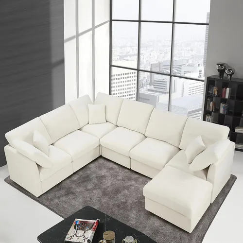 Miniatura 11 de Anwick Sofá modular en forma de L de 117 pulgadas, moderno sofá modular de pana con otomana movible de 5 asientos, sofás seccionales convertibles