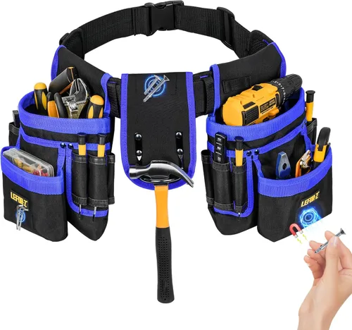 Miniatura 14 de Cinturón de herramientas, bolsa magnética para herramientas, 27 bolsillos, cinturones de herramientas acolchados resistentes para hombres, bolsa