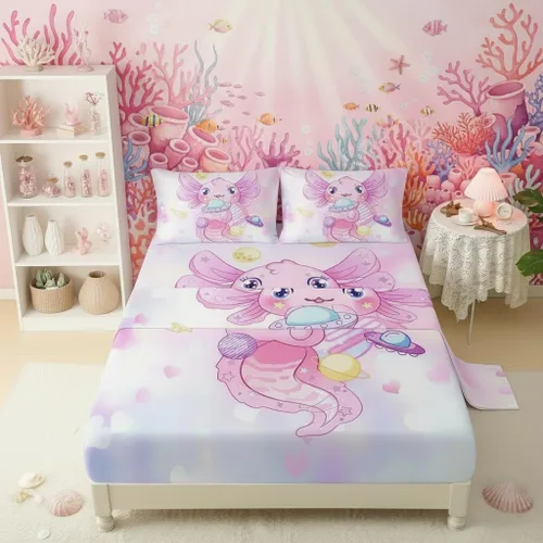 Miniatura 12 de QOOMO Ropa de cama Kawaii Axolotl para niños y niñas, diseño de flor de cerezo rosa, juego de ropa de cama súper suave para niños, con estrellas