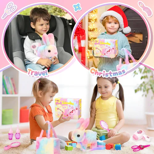 Miniatura 6 de NINAOR Juguetes interactivos de peluche para niños con bolsas de mano, conejo robot de peluche con correa que salta y orejas que se mueven, juguetes