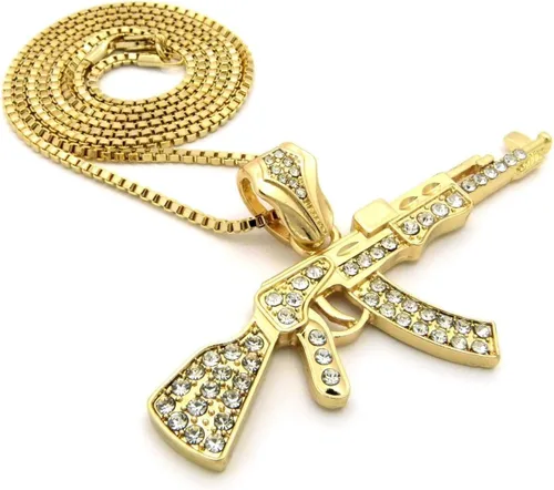 Miniatura 4 de Mens Iced Out ametralladora AK47Chopper, arma Uzi, pistola de mano, caja colgante, cuerda, cadena cubana, set de 3 collares con dije