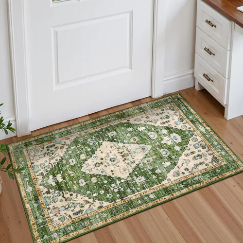 Miniatura 8 de Lahome Alfombra tribal bohemia de 2 x 3 pies, alfombra verde pequeña para entrada, suave, antideslizante, lavable, alfombra de baño bohemia de pelo