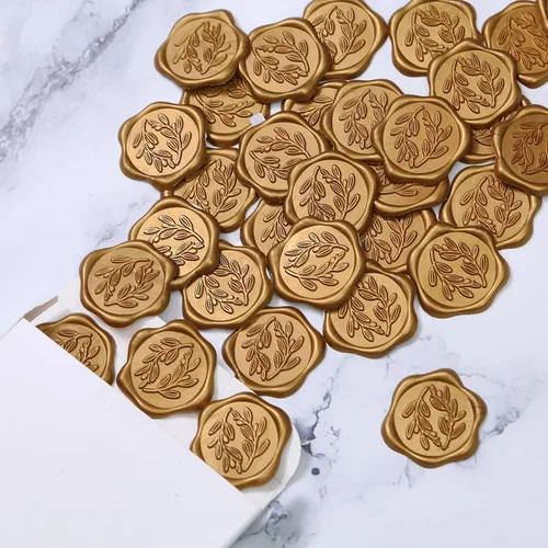 Miniatura 3 de UNIQOOO Calcomanías de sello de cera, calcomanías de sello de invitación de boda de rama de olivo, 50 calcomanías autoadhesivas de oro antiguo, Rama