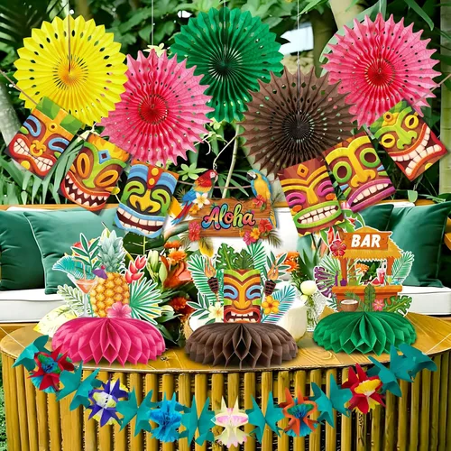 Miniatura 3 de Paper Jazz Decoraciones de fiesta hawaiana para cumpleaños, decoración de fiesta tropical para Tiki Bar, pancarta de Aloha con centro de mesa Luau