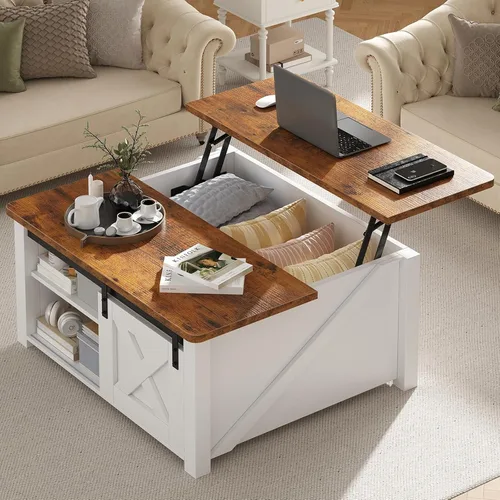 Miniatura 9 de DUMOS - Mesa auxiliar elevable, mesa central con almacenamiento, mesas cuadradas para sala de estar con estantes ajustables, modernas mesas de Madera