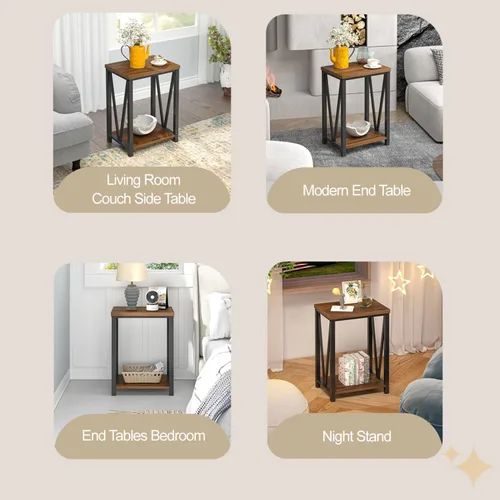 Miniatura 6 de FOLUBAN Mesa auxiliar pequeña, mesa auxiliar de madera rústica y metal con almacenamiento, moderna mesita de noche para sala de estar, dormitorio