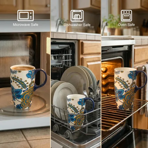 Miniatura 6 de Topadorn Taza de café de cerámica de 17 onzas, taza de viaje floral de cachemira azul y amarillo con tapa, apta para microondas y lavavajillas, sin