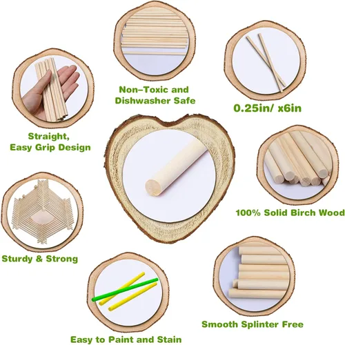 Miniatura 3 de Varillas de madera, 100 varillas redondas de madera de 1/4 x 6 pulgadas para manualidades, decoración del hogar, soporte de pasteles, accesorios