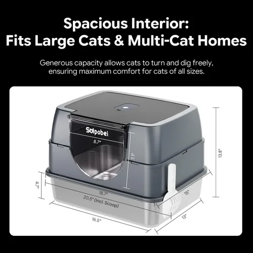 Miniatura 2 de Solpobei Caja de arena para gatos de acero inoxidable con tapa, caja de arena cerrada y cubierta para gatitos, grande o pequeña, bandeja de arena