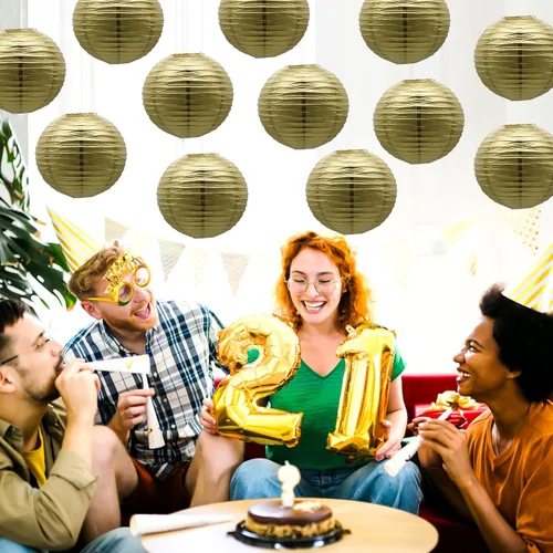 Miniatura 5 de Linternas de papel doradas chinas, japonesas, colgantes, redondas, para decoración de fiesta de Año Nuevo y Año Nuevo Lunar (12 unidades)