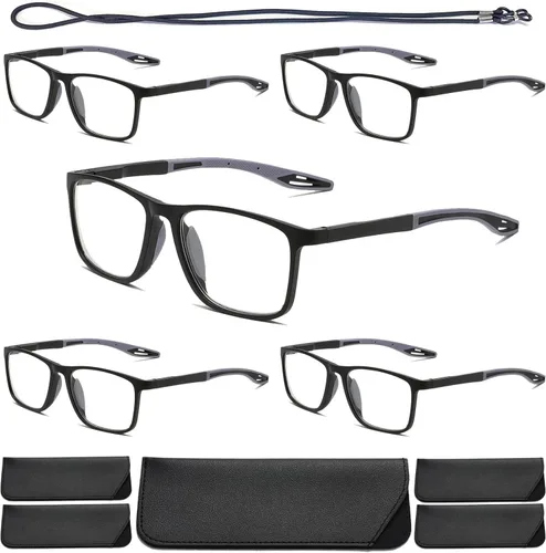 Hubeye TR90 Gafas de Lectura Deportivas para Hombres y Mujeres Ultraligeras Flexibles Anti-Luz Azul（Negro+Negro+Negro+Negro+Negro，+0.0）
