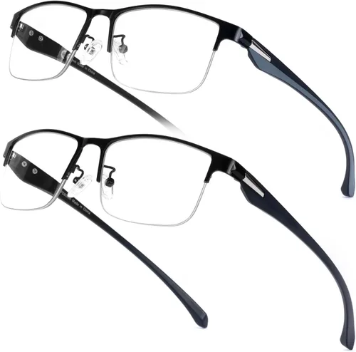 SKYOAK Paquete de 2 lentes de lectura TR90 de alta calidad para hombres, medio marco sin línea, bloqueo de luz azul, para lectura frente a la