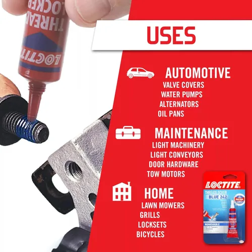 Miniatura 4 de Loctite Threadlocker Azul 242 - Adhesivo de fijación de roscas removible para tuercas, pernos y sujetadores, adhesivo para tornillos de resistencia