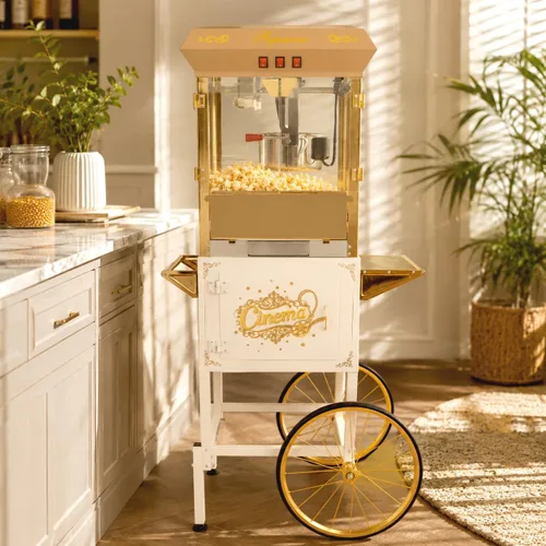 Miniatura 21 de Máquina comercial de palomitas de maíz con carrito y ruedas, máquina para hacer palomitas de maíz con hervidor de acero inoxidable de 24 onzas, Rojo
