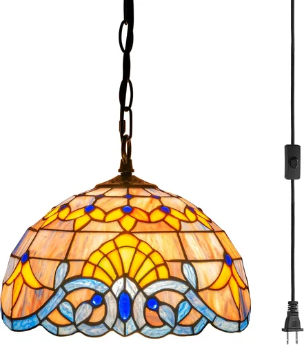 Miniatura 18 de Lámpara Colgante de Vidrio Emplomado Estilo Tiffany con Enchufe, 12" de Ancho Diseño de Glicinia Lámpara Colgante, Cadena de 60 Pulgadas Cable de 15