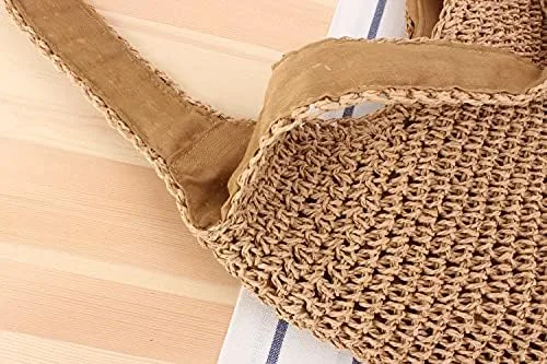 Miniatura 5 de Naimo Bolso de hombro de playa de paja para mujer, bolso grande hecho a mano, tejido a mano, bolso hobo casual de verano