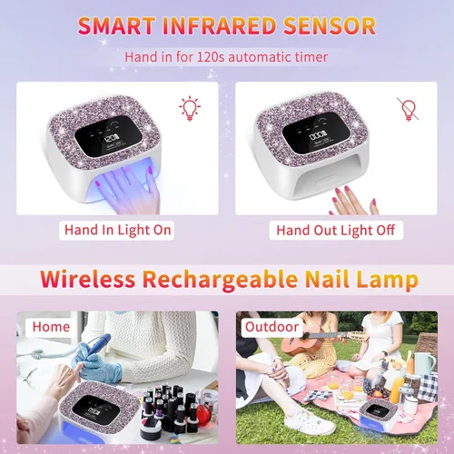 Miniatura 5 de Secadores de lámpara de uñas LED UV, inalámbrico, 168 W, luz UV de diamante para esmalte de uñas de gel, lámpara de gel de construcción de poliéster